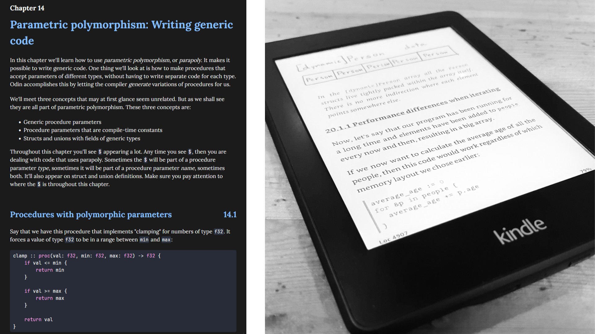 Shows examples from the eBook 'Understanding the Odin Programming Language'. To the left is an example of the book as it looks in the web browser. To the right is an example of how the book looks on an Amazon Kindle.
