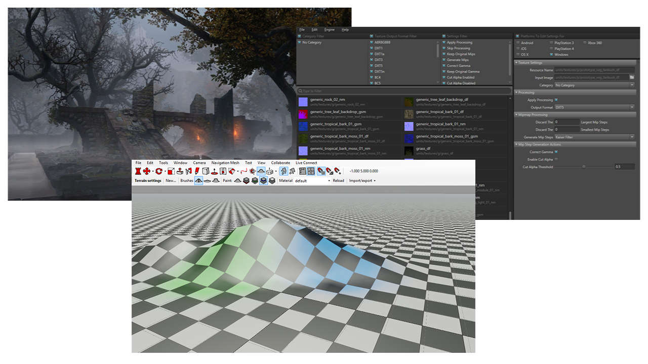 Examples images of the Bitsquid game engine. There are three pictures in this image. The front one shows a terrain-editing tool. The ones behind it show a texture manger tool and an example from War of the Vikings.