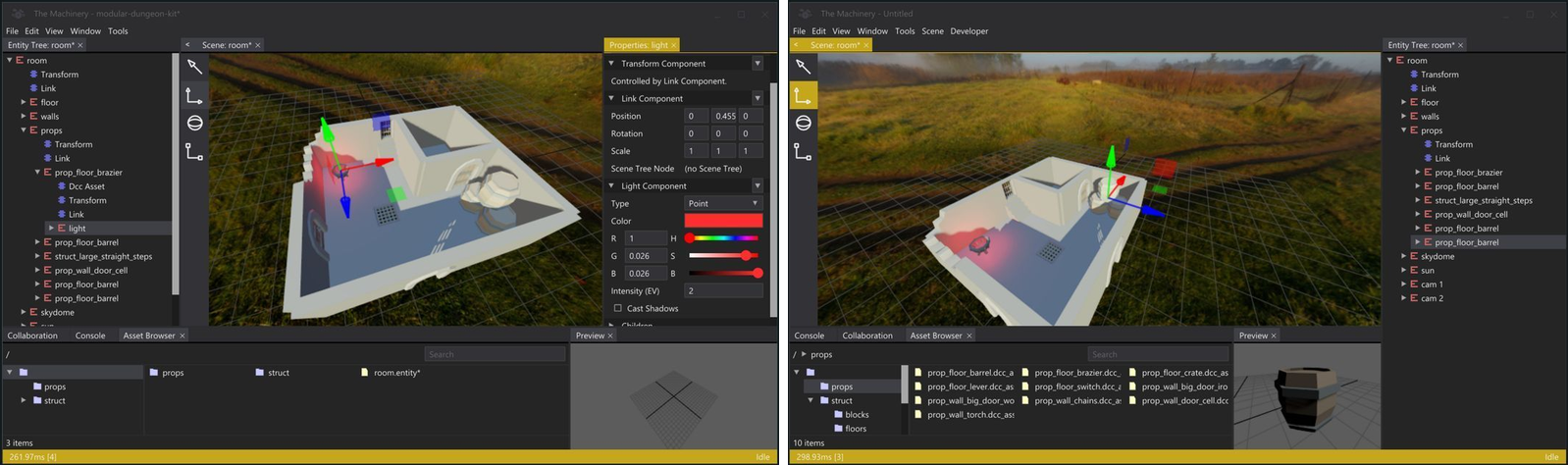Two examples of The Machinery's editor. There are two editors running, editing the same scene. This image is meant to show the collaborative features of the editor.